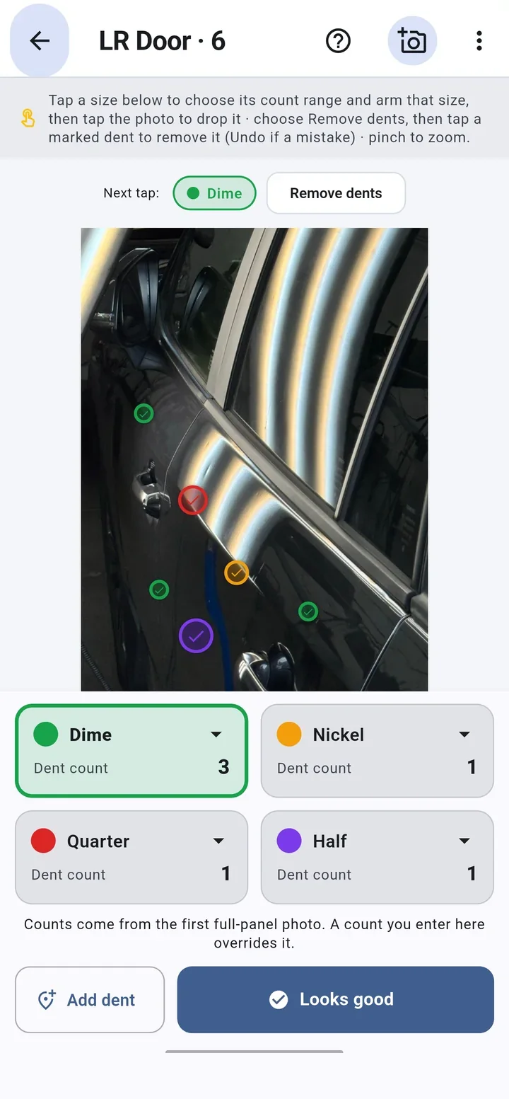 Estimoto panel review with AI-detected dents marked on a door panel and the dent count per coin size