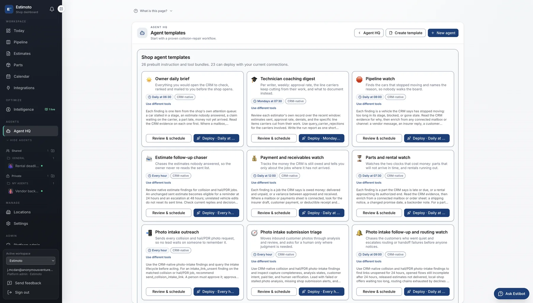Agent templates in Estimoto CRM: prebuilt collision-repair agents such as an owner daily brief, pipeline watch and estimate follow-up chaser, each with its schedule and a review-and-schedule action