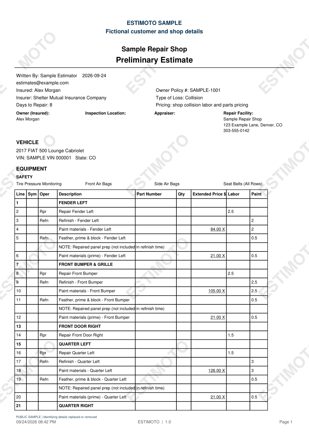 First page of the Collision sample estimate with fictional customer and shop details